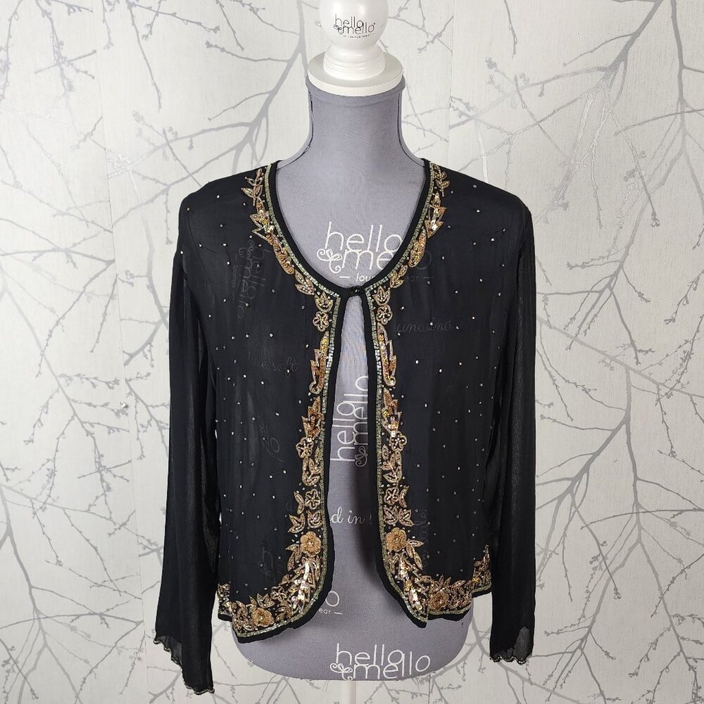 Raindrops Black Gold Sequin Jeweled Single Button Sheer Cardigan